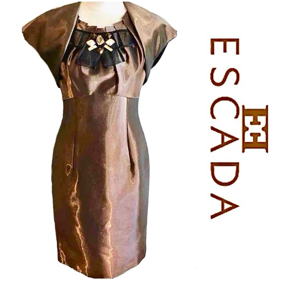 Escada Dresses & Skirts - SOMD!! Escada Liquid Bronze Evening Dress Rhinestone & Mesh Bow $1850 (Sz 6)